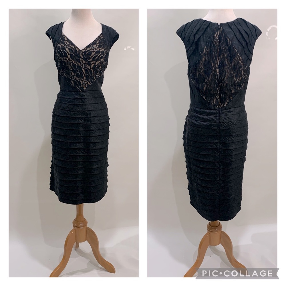 Adrianna Papell black lace and ruffle tiered midi
